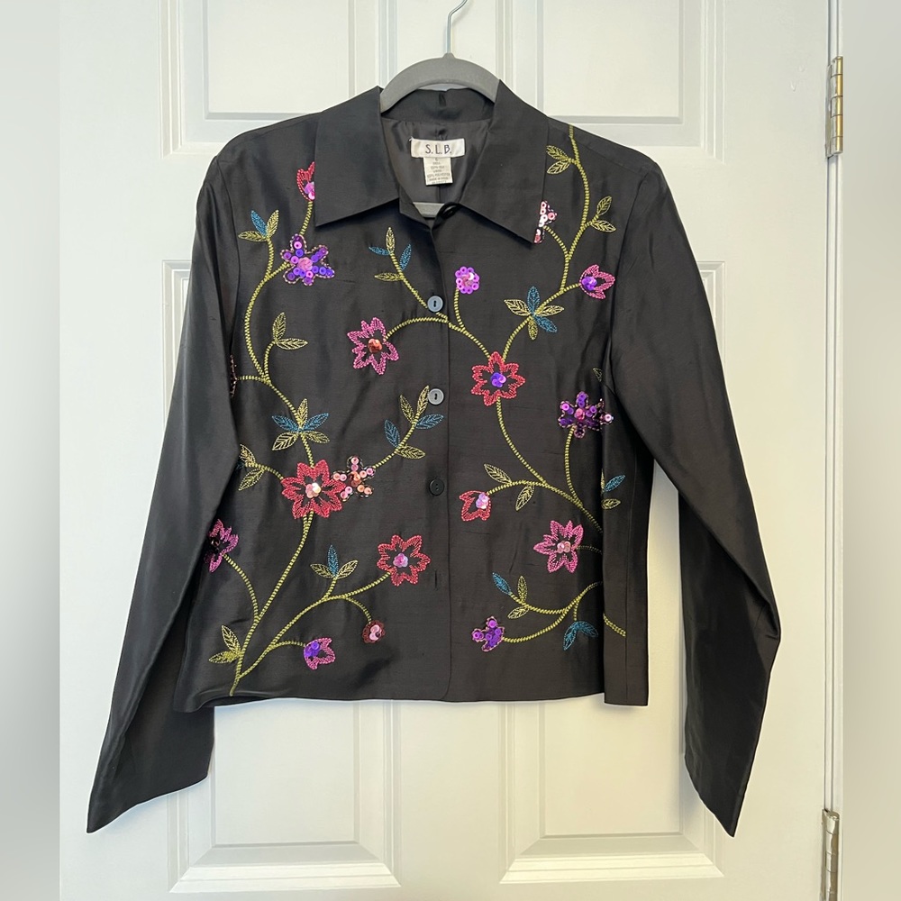 Black silk embroidered blouse, excellent condition. Unique & fun